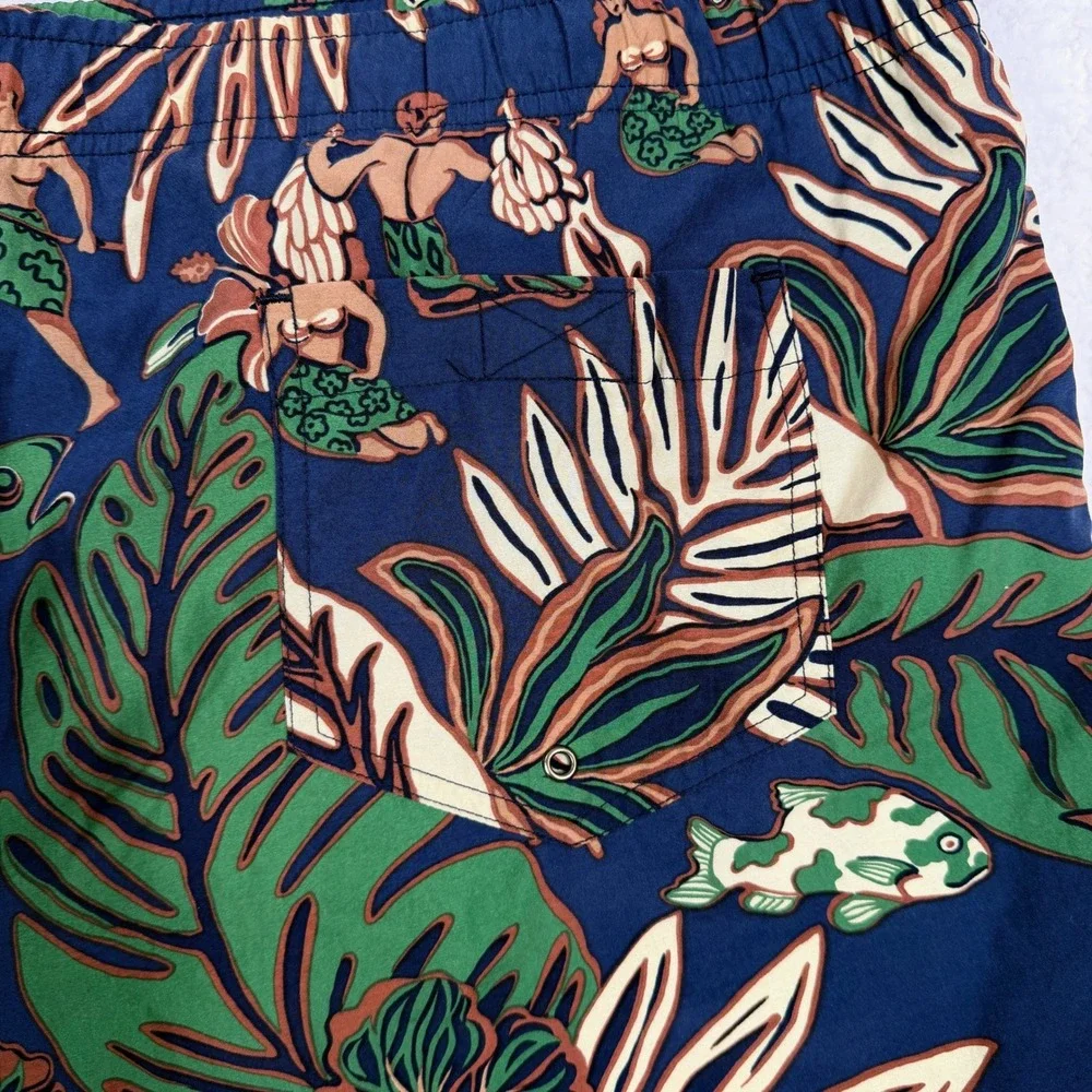 Polo Sport Ralph Lauren Vintage XL Hawaiian Hula Print Swim Trunks Navy Blue 90s
